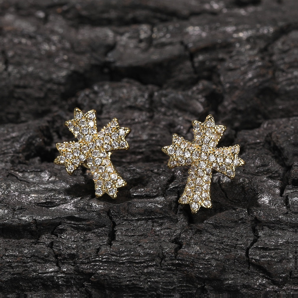 Gold Plated Cross Stud Earrings with Cubic Zirconia for Women & Men