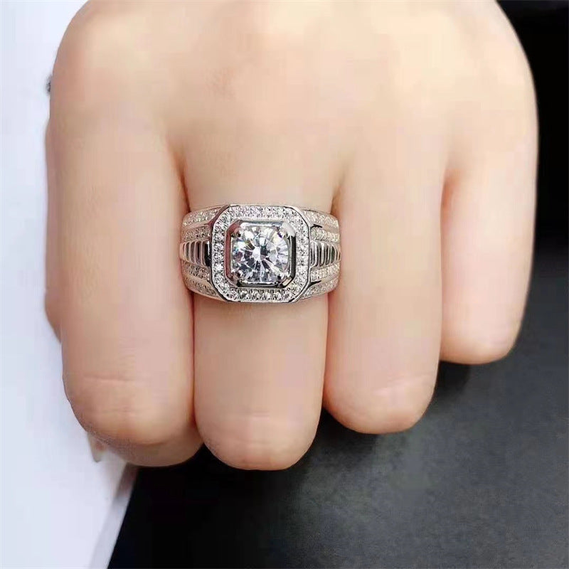 Men’s Moissanite Halo Ring in PT950 Platinum, U-Shape Wedding Engagement Ring product image