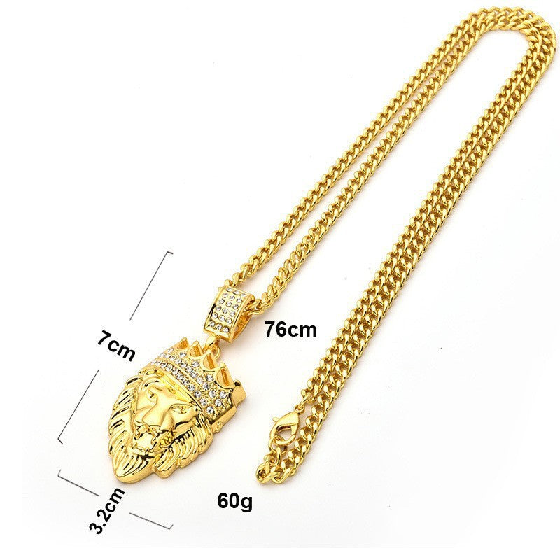 Hip Hop Vintage Crown Lion Alloy Pendant Necklace for Men and Women