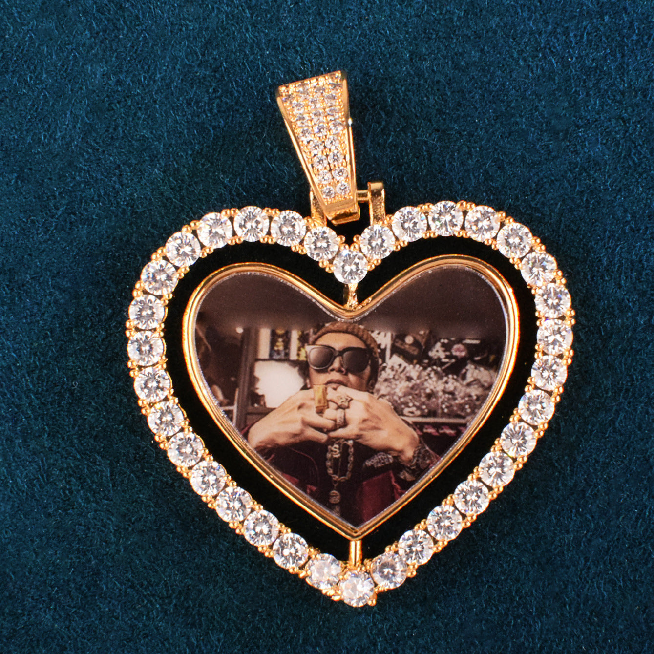 Unisex Iced Out Heart Photo Pendant Necklace