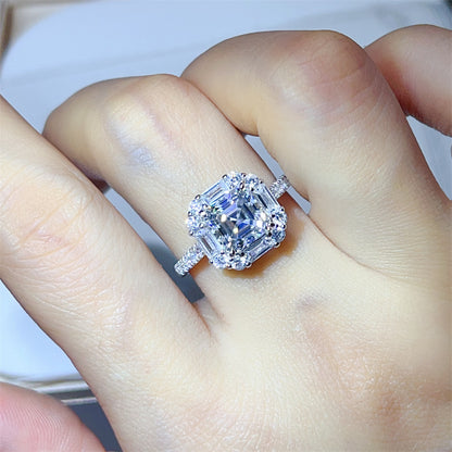 Asscher Cut Moissanite Halo Ring for Women, Geometric Engagement Ring