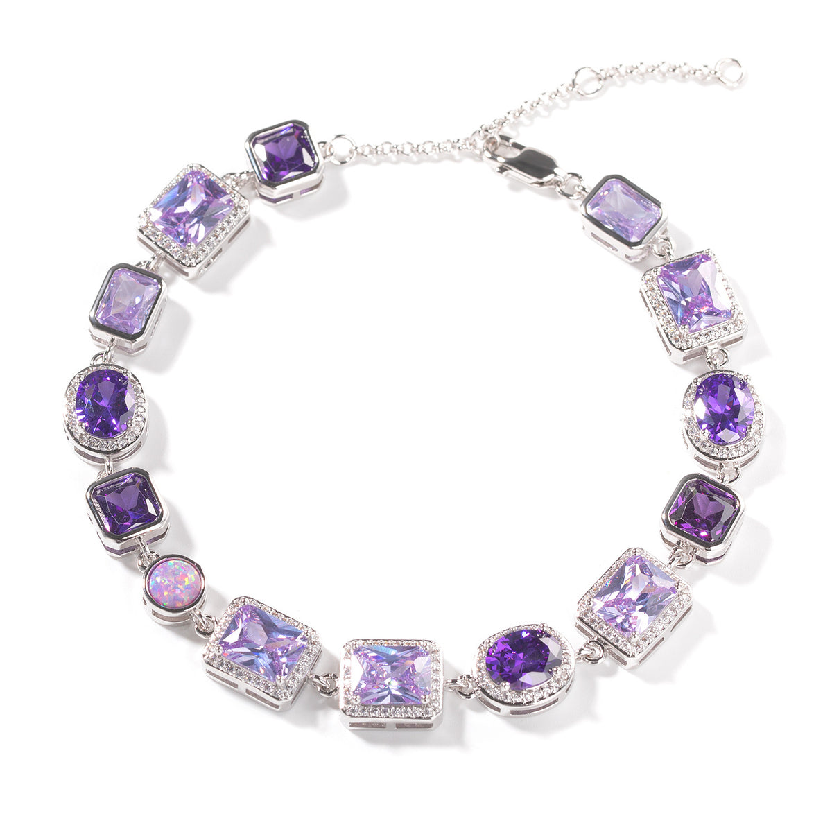 Purple Crystal Geometric Chain Necklace & Bracelet Set for Women and Men, Silver Plated Statement Pendant Jewelry product image