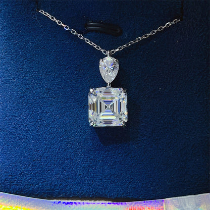 Moissanite Pendant Necklace with Pear and Square Drop Design in Silver
