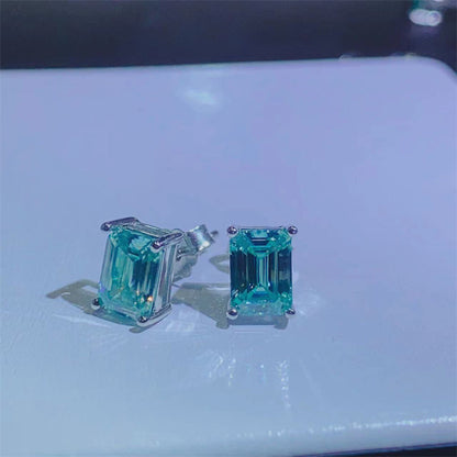 Green Moissanite Stud Earrings, Emerald Cut Geometric Unisex Earrings