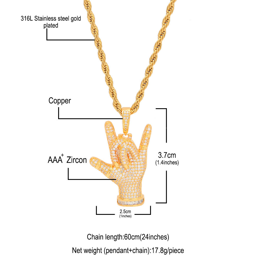 Iced Hand Gesture Pendant Necklace with Cubic Zirconia – Hip Hop Statement Chain for Women & Men