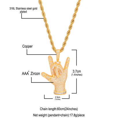 Iced Hand Gesture Pendant Necklace with Cubic Zirconia – Hip Hop Statement Chain for Women & Men