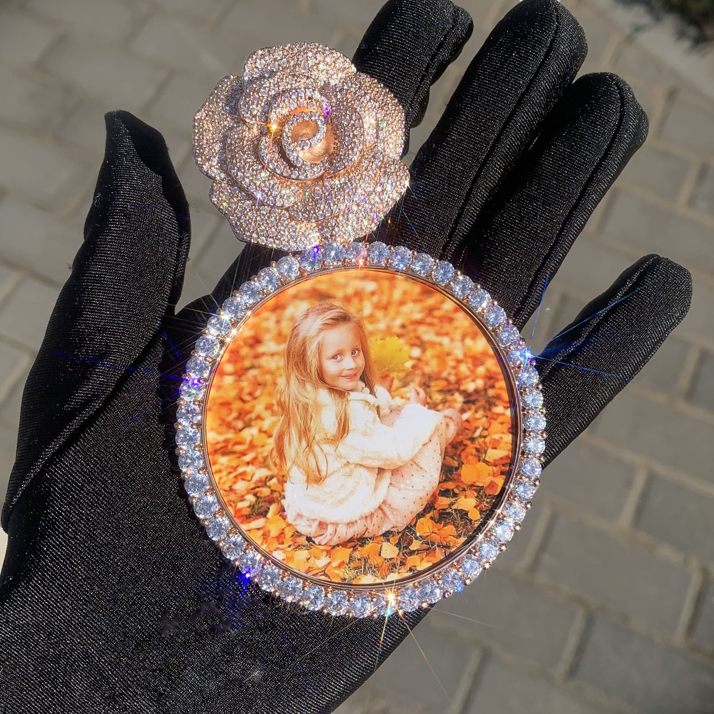 Rose Photo Frame Pendant Necklace for Women Iced Out Statement Jewelry