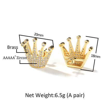 Men’s Crown Stud Earrings with Cubic Zirconia in Gold or Silver Tone Hip Hop Statement Jewelry