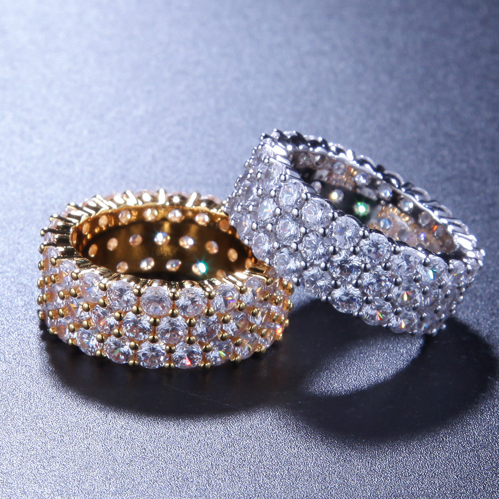 Unisex 3-Row Cubic Zirconia Band Ring in Gold or Silver Tone - Elegant Statement Stackable Ring product image
