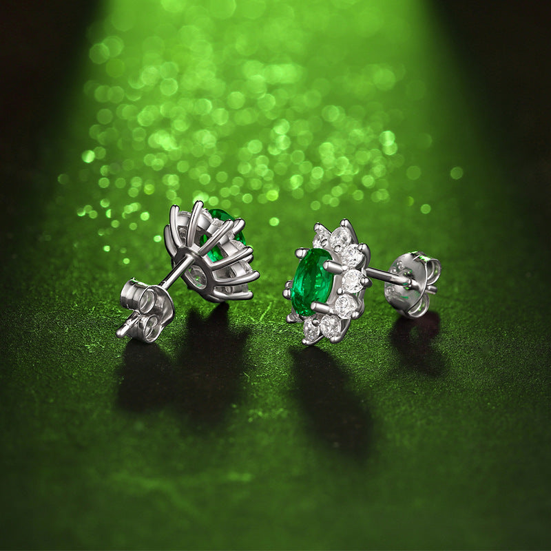 Lab-Created Emerald Oval Halo Stud Earrings, S925 Silver product image