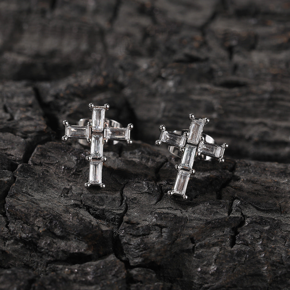 Unisex Cross Cubic Zirconia Stud Earrings in Gold or Silver Tone product image