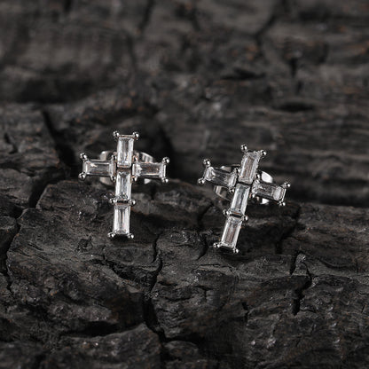 Unisex Cross Cubic Zirconia Stud Earrings in Gold or Silver Tone