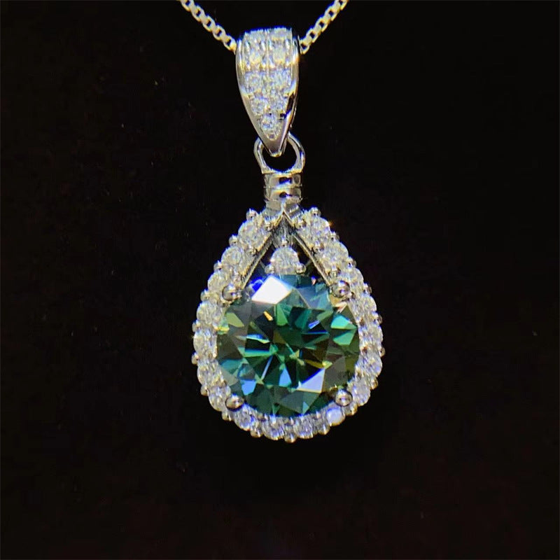 Teardrop Halo Moissanite Pendant Necklace for Women, Round Cut Statement Collarbone Chain, White or Green Stone Options product image