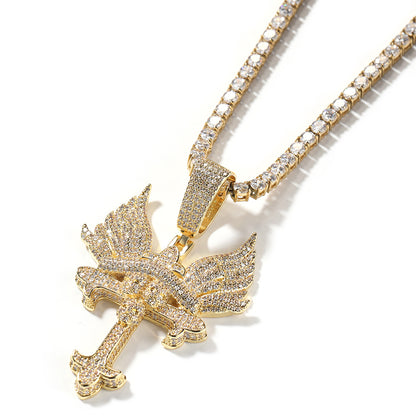 Iced Winged Cross Pendant Necklace with Twisted Chain for Women & Men