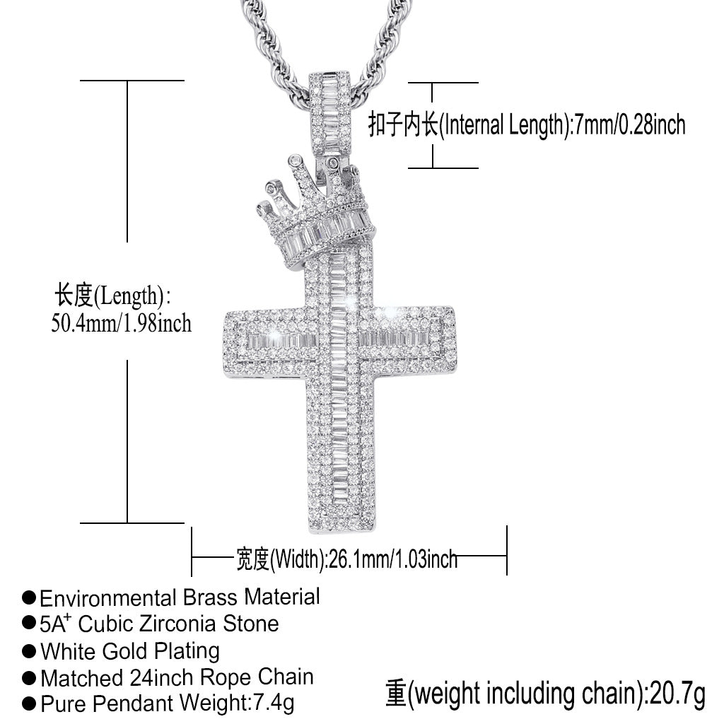Hip Hop Vintage Cross Crown Copper Pendant Necklace for Men and Women