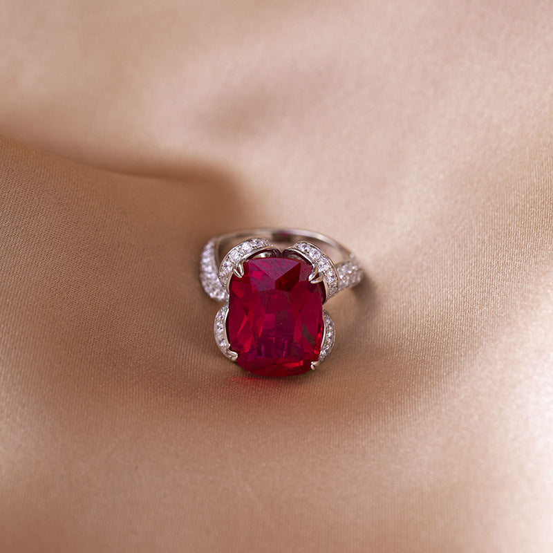 Lab-Created Ruby Cushion Halo Ring, S925 Silver 18K Gold Plated Statement Ring product image