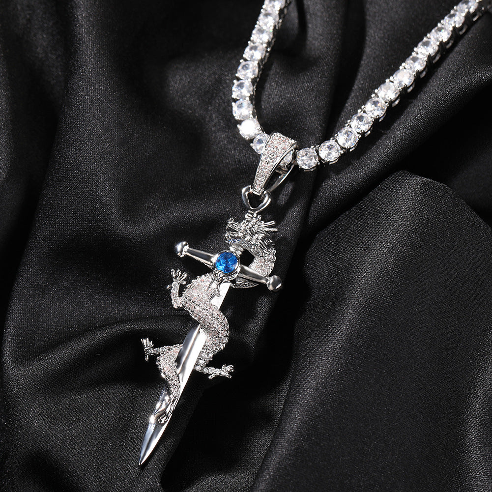 Iced Lizard Cross Pendant Necklace with Cubic Zirconia Twisted Chain - Silver, Blue, Red & Black Statement Necklace product image