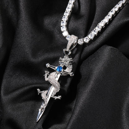 Iced Lizard Cross Pendant Necklace with Cubic Zirconia Twisted Chain - Silver, Blue, Red & Black Statement Necklace