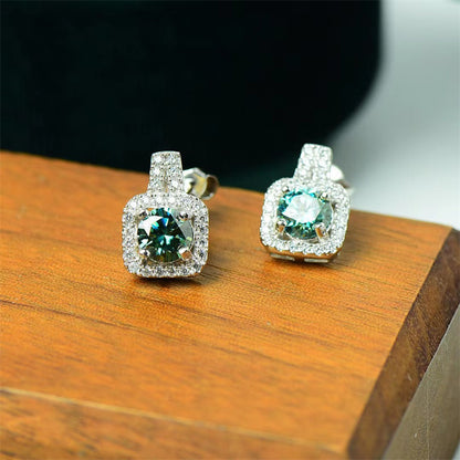 Geometric Halo Moissanite Stud Earrings, Square Cushion-Cut Look Earrings for Women and Men