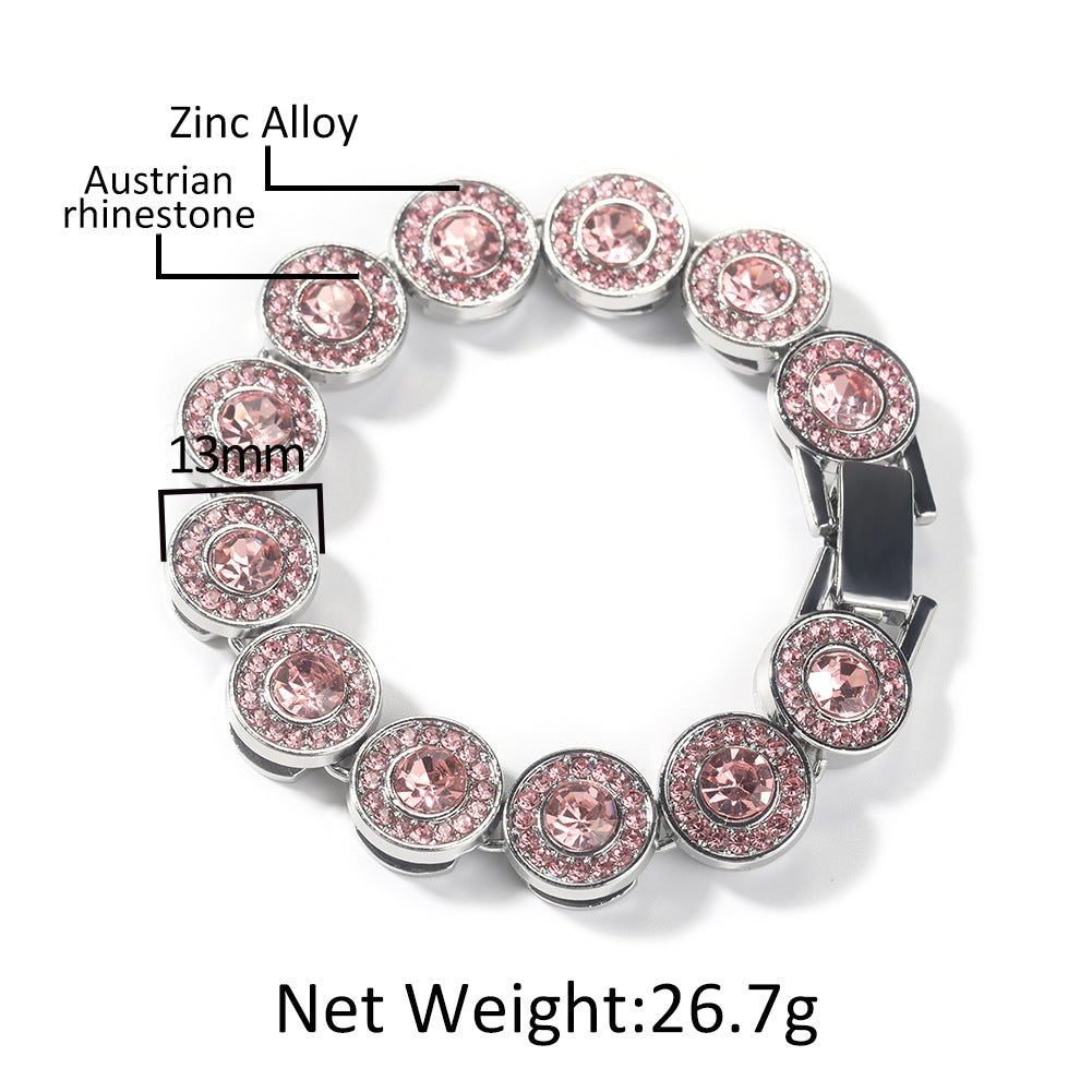 Pink Crystal Hip Hop Bracelet for Women and Men - Silver Plated Alloy Chain Bracelet in Cuban Link, Round, Heart, and Square Styles
