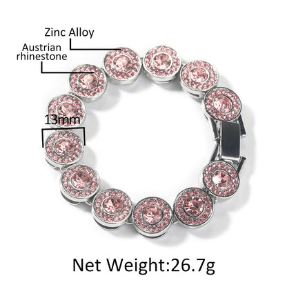 Pink Crystal Hip Hop Bracelet for Women and Men - Silver Plated Alloy Chain Bracelet in Cuban Link, Round, Heart, and Square Styles