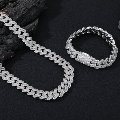 15mm Iced Out Cuban Link Chain Bracelet & Necklace Set, Zirconia, Unisex