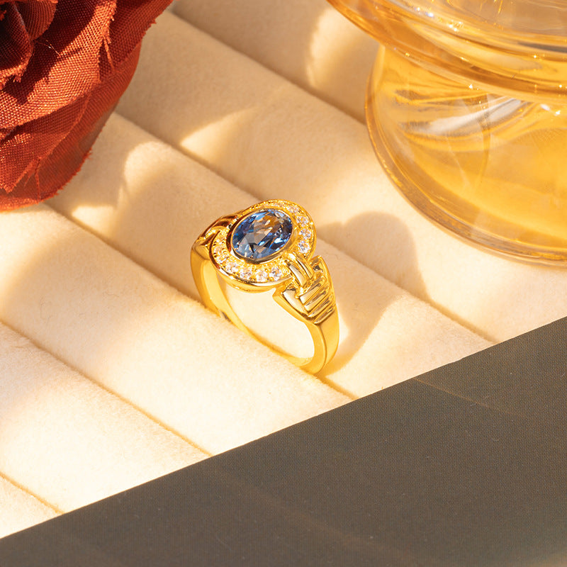 Vintage Blue Oval Halo Ring, 18K Gold Tone Closed-Band Ring for Women product image