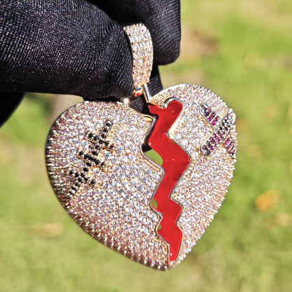 Iced Out Broken Heart Pendant Necklace Unisex Hip Hop Statement Chain