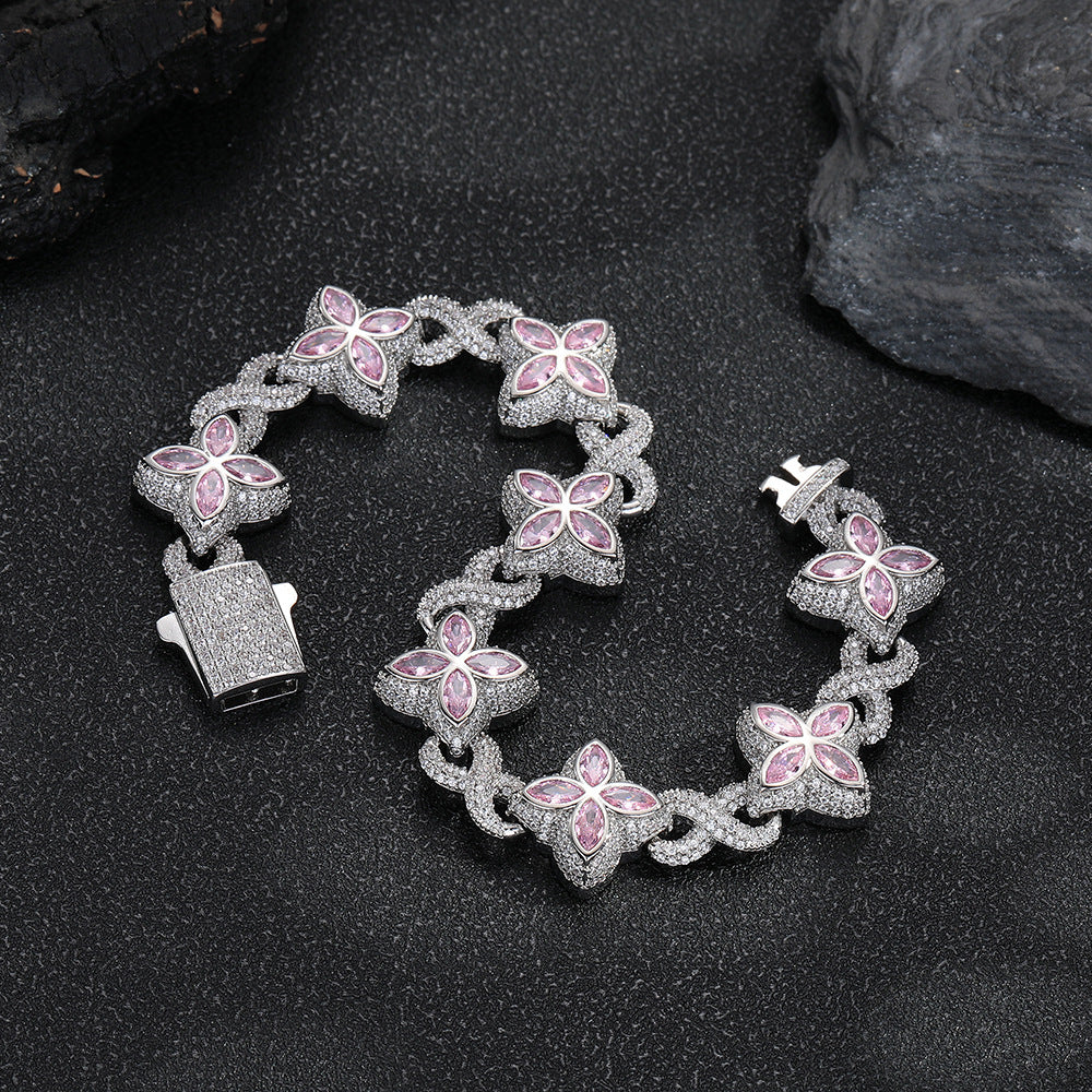 Clover Cuban Link Cubic Zirconia Bracelet & Necklace, Unisex Hip Hop Jewelry product image