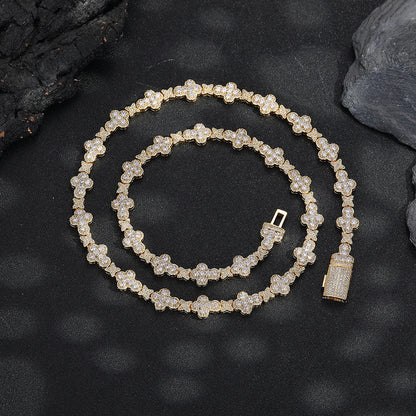 Unisex Iced Floral Link Cuban Chain Necklace & Bracelet with Cubic Zirconia Detail