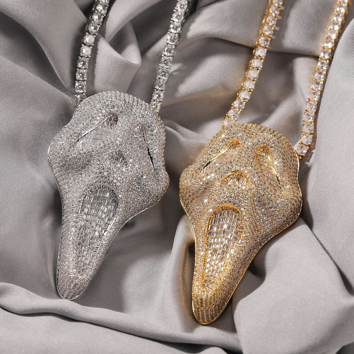 Iced Skull Head Pendant Necklace with Cubic Zirconia Twisted Chain - Hip Hop Statement Necklace in Gold or Silver product image
