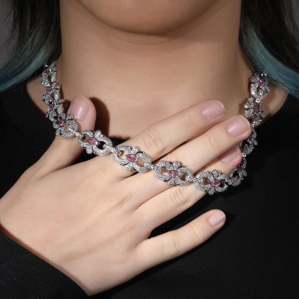 Men’s Iced Out Circular Link Cuban Chain Necklace & Bracelet in Silver-Tone Cubic Zirconia