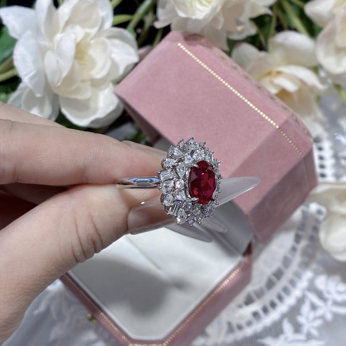 3 Carat Lab Grown Red Ruby Halo Ring for Women, Oval Statement Ring product image