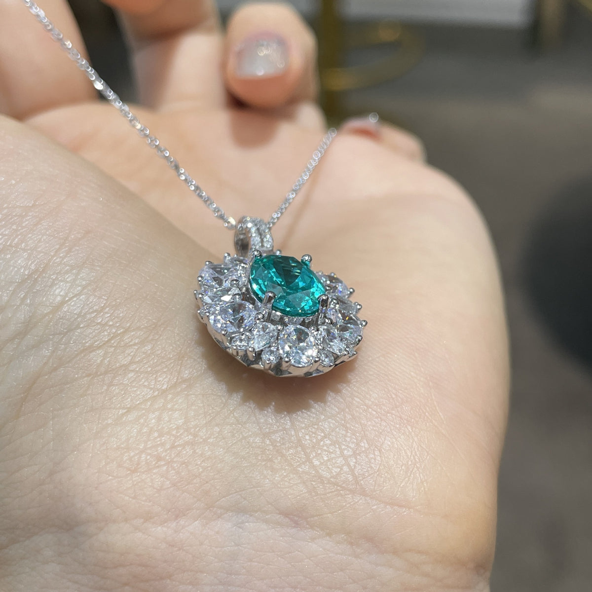 Oval Teal Halo Pendant Necklace, 925 Silver Chain, Elegant Gift Box Jewelry product image