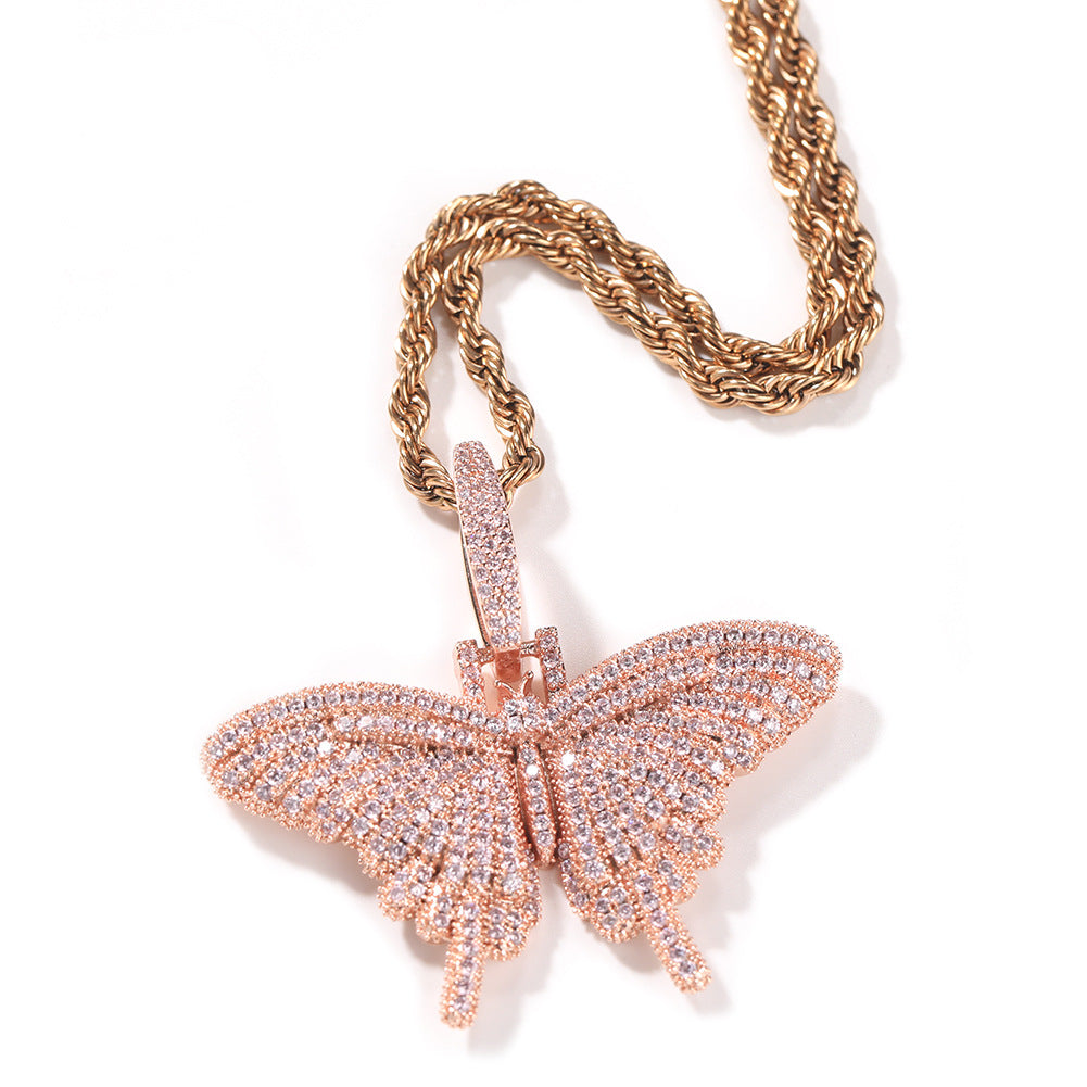 Iced Butterfly Pendant Necklace with Twist Chain – Hip Hop Statement Cubic Zirconia Necklace for Women