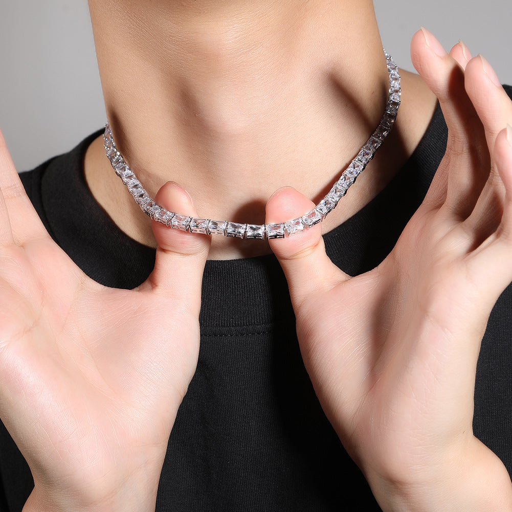Unisex Rectangular Cubic Zirconia Tennis Chain Necklace in Gold or Silver Plated Copper