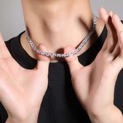 Unisex Rectangular Cubic Zirconia Tennis Chain Necklace in Gold or Silver Plated Copper