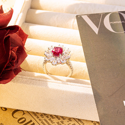 Lab-Grown Ruby Halo Ring for Women, Oval Red Gemstone Floral Ring