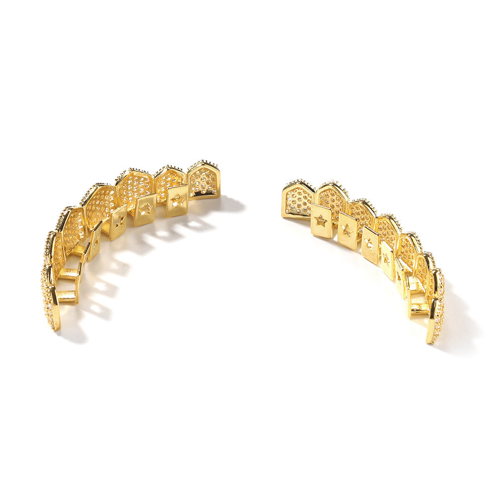 Iced Fang Grillz with Cubic Zirconia – Gold or Silver Upper/Lower Hip Hop Statement Teeth Jewelry