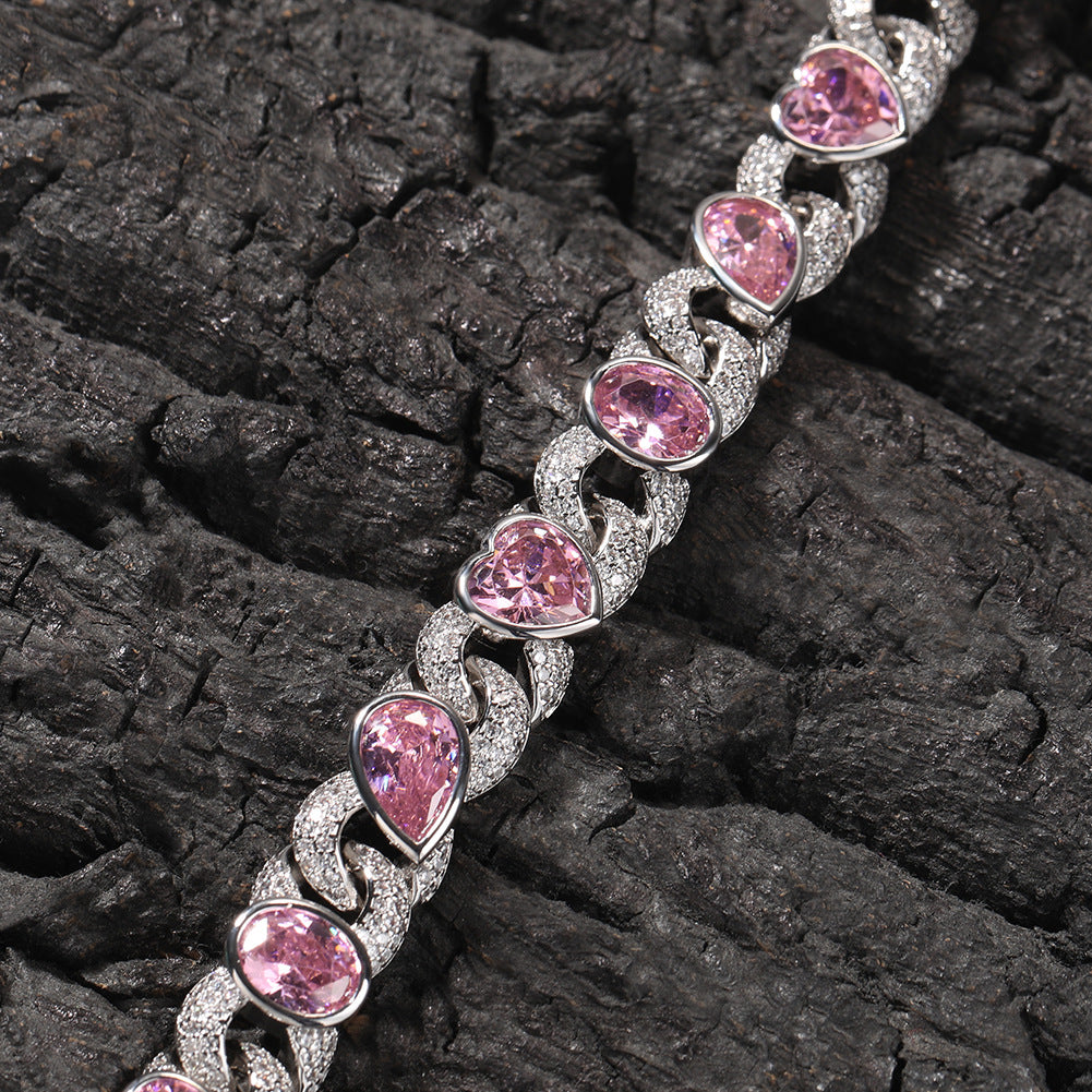 Silver Plated Pink Cubic Zirconia Heart Chain Necklace Bracelet for Women
