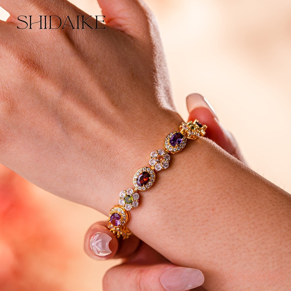 Floral Halo Oval Gemstone Bracelet for Women Elegant Statement Jewelry