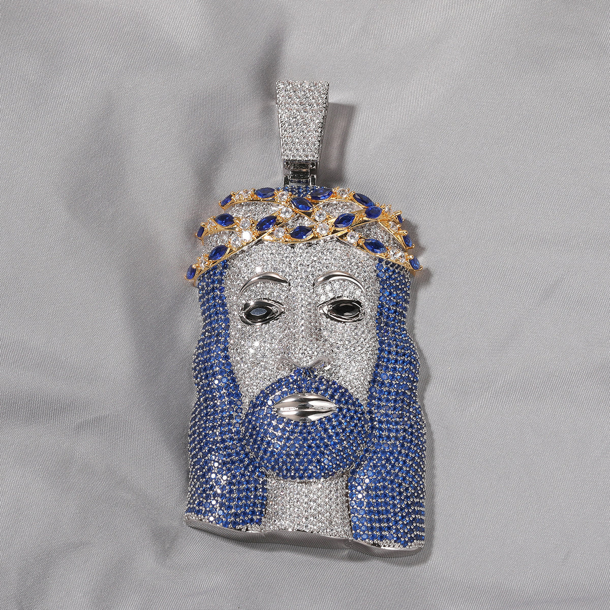 Iced Out Blue Cubic Zirconia Jesus Face Pendant Necklace with 24 Inch 3mm Twist Chain product image