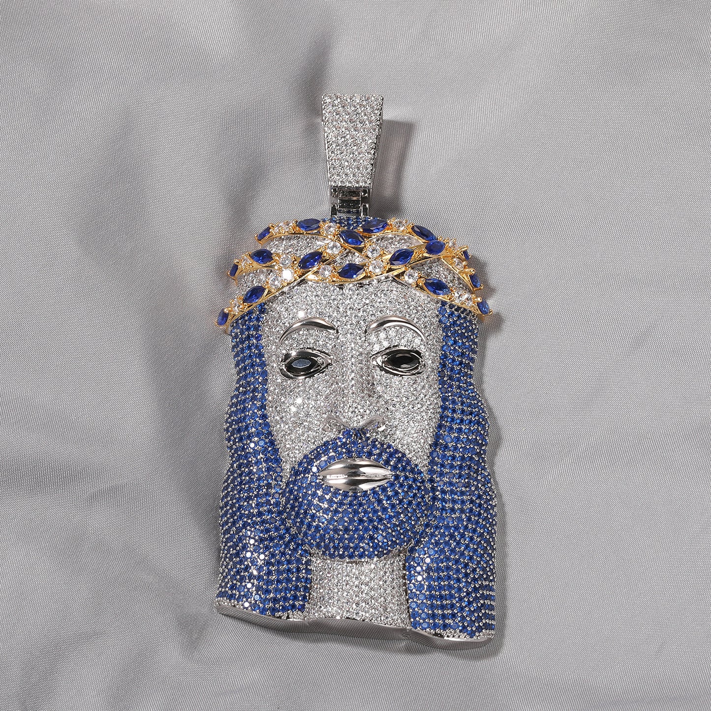 Iced Out Blue Zircon Jesus Face Pendant Necklace with 24 Inch 3mm Twist Chain