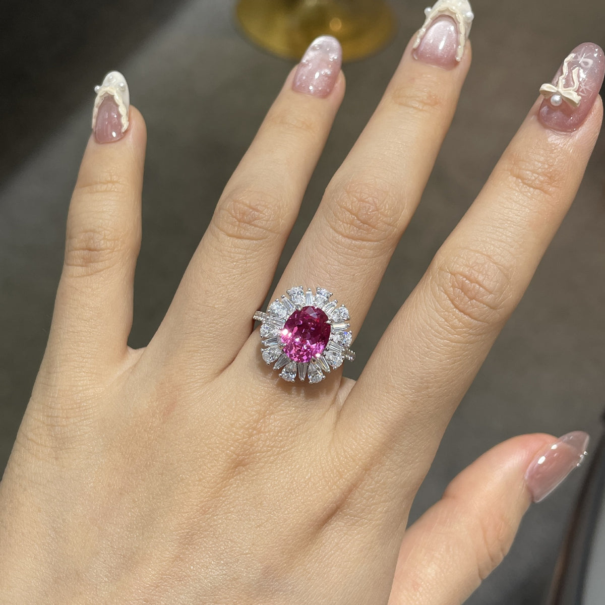 925 Silver Oval Pink Sapphire Halo Ring, 3 Carat Promise Ring for Women product image