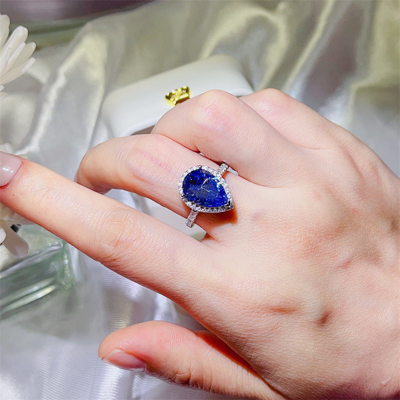 Blue Pear Cut Moissanite Halo Ring for Women, 1 Carat 2 Carat 5 Carat Engagement Ring product image
