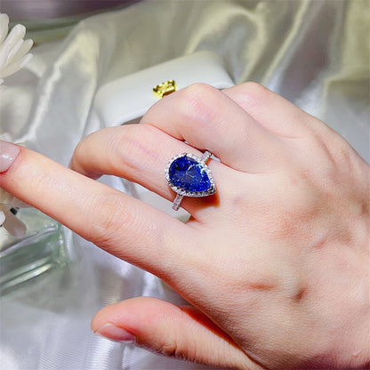 Blue Pear Cut Moissanite Halo Ring for Women, 1 Carat 2 Carat 5 Carat Engagement Ring