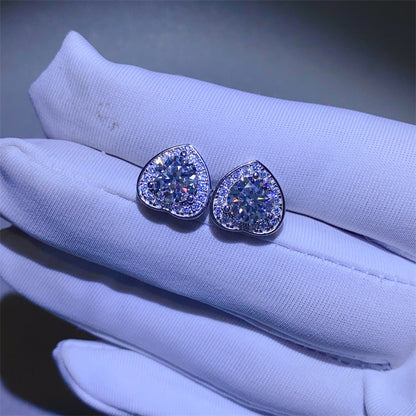Heart Moissanite Stud Earrings for Women, Halo Heart Earrings, Romantic Gift Earrings, 1 Carat or 2 Carat Pair