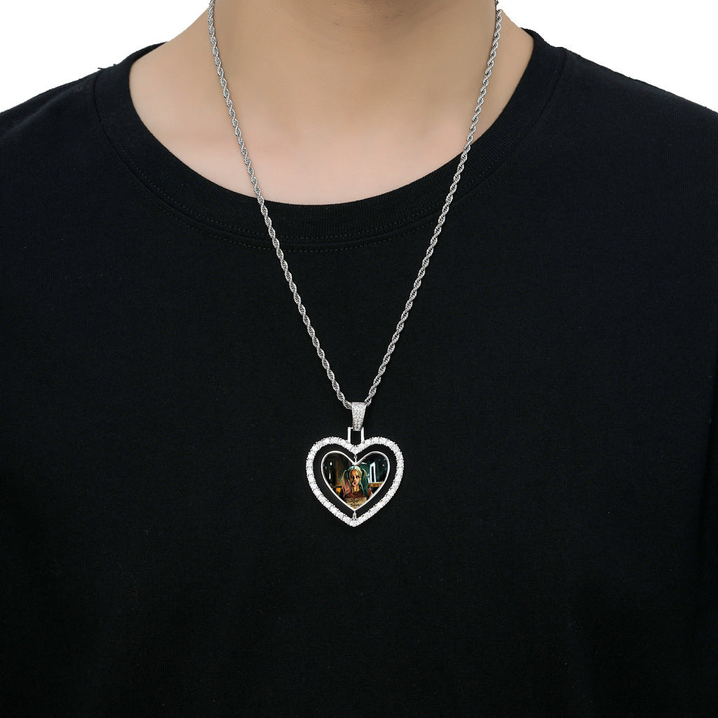 Hip Hop Heart Photo Frame Copper Necklace for Men and Women