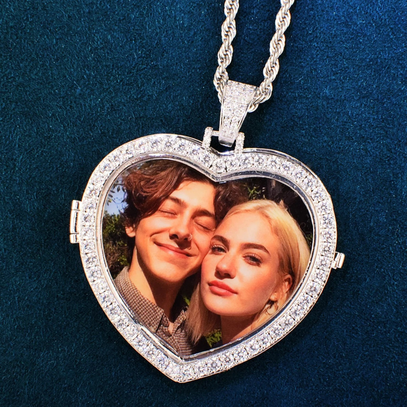 Unisex Iced Heart Photo Pendant Necklace