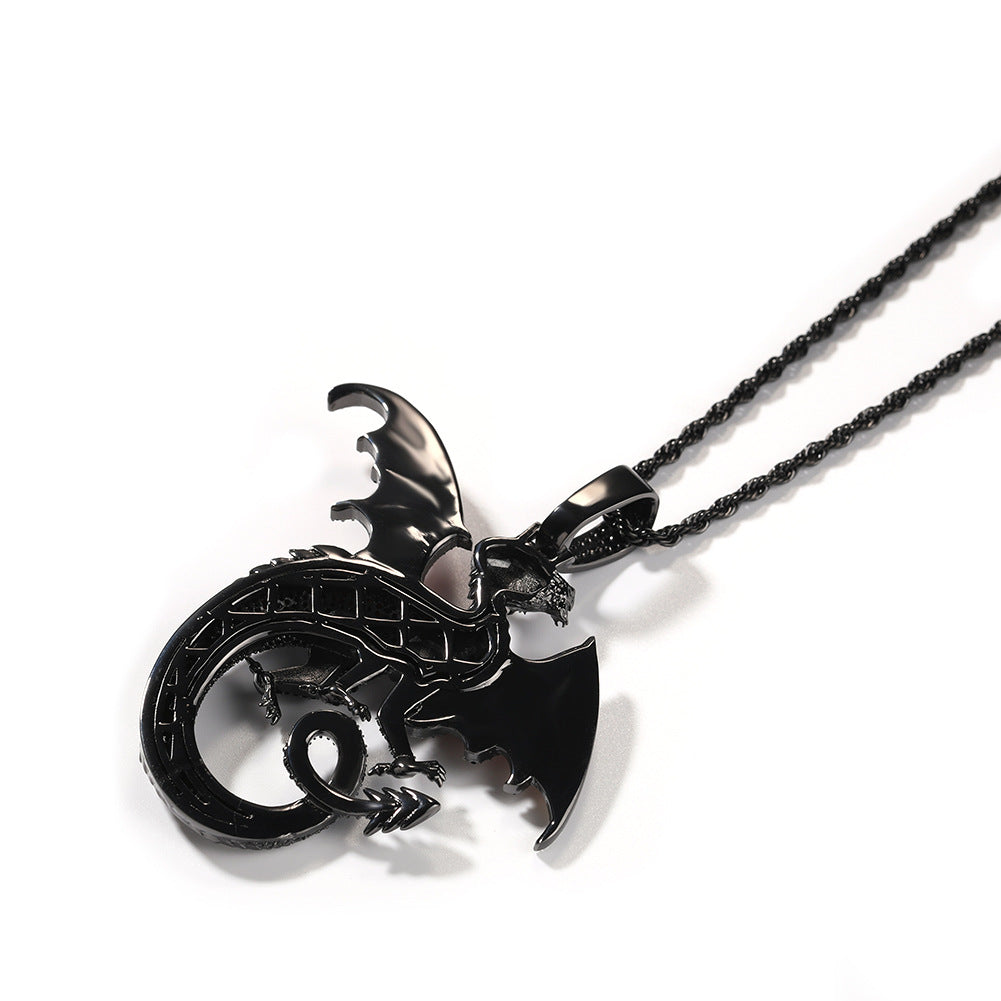 Black Dragon Pendant Necklace with Cubic Zirconia on Twisted Chain - Statement Fantasy Jewelry for Women